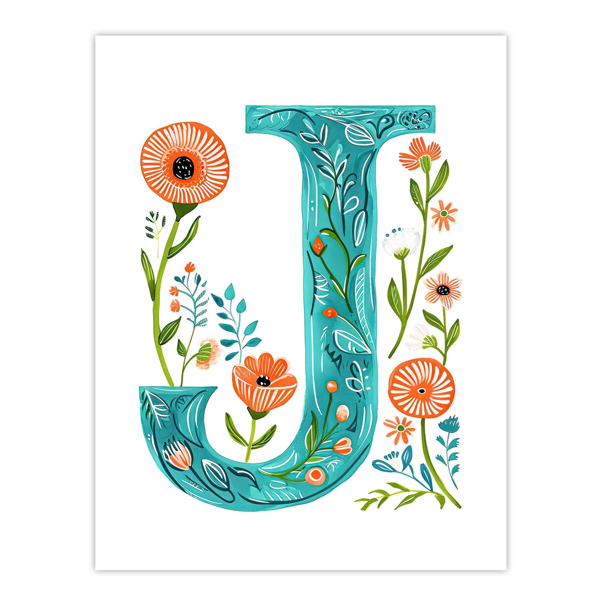 Wall Art Print Letter J Watercolour Wildflowers Poppy Abstract Floral Word Art Her Poster W12" x H16"