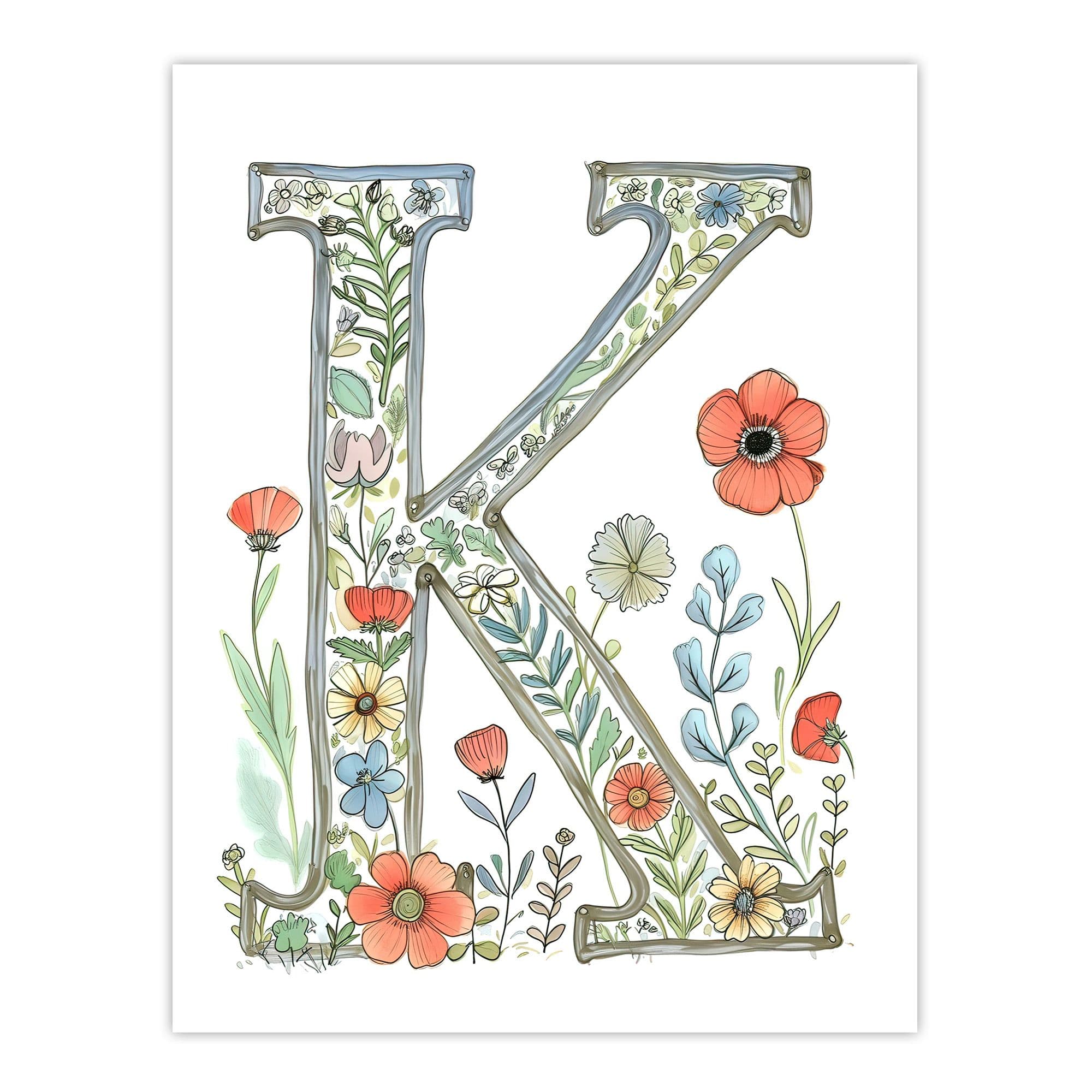 Wall Art Print Letter K Watercolour Wildflowers Delicate Nature Floral Word Art Her Poster W12" x H16"
