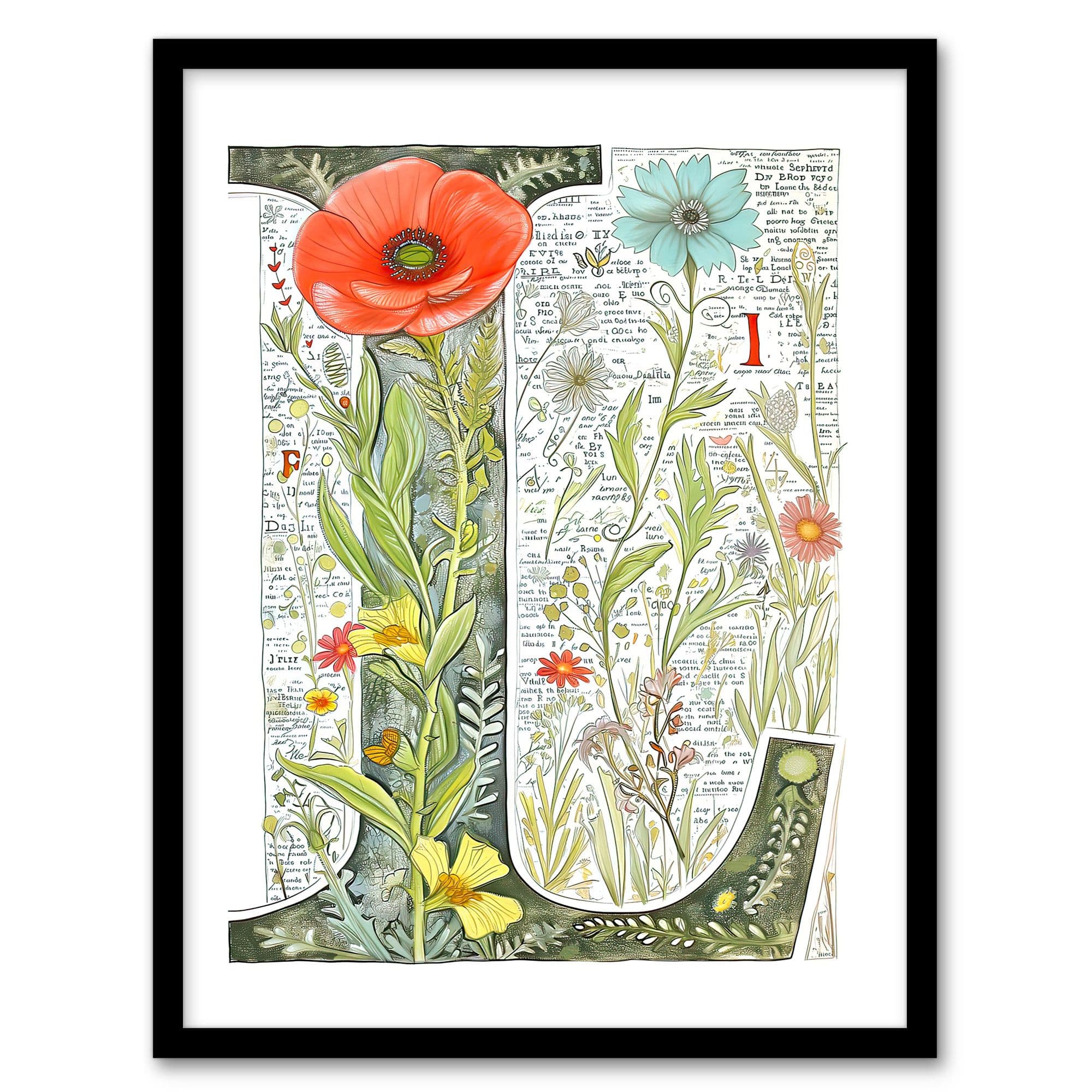Wall Art Print Letter L Watercolour Flowers Botanical Book Floral Word Art Framed W12" x H16"