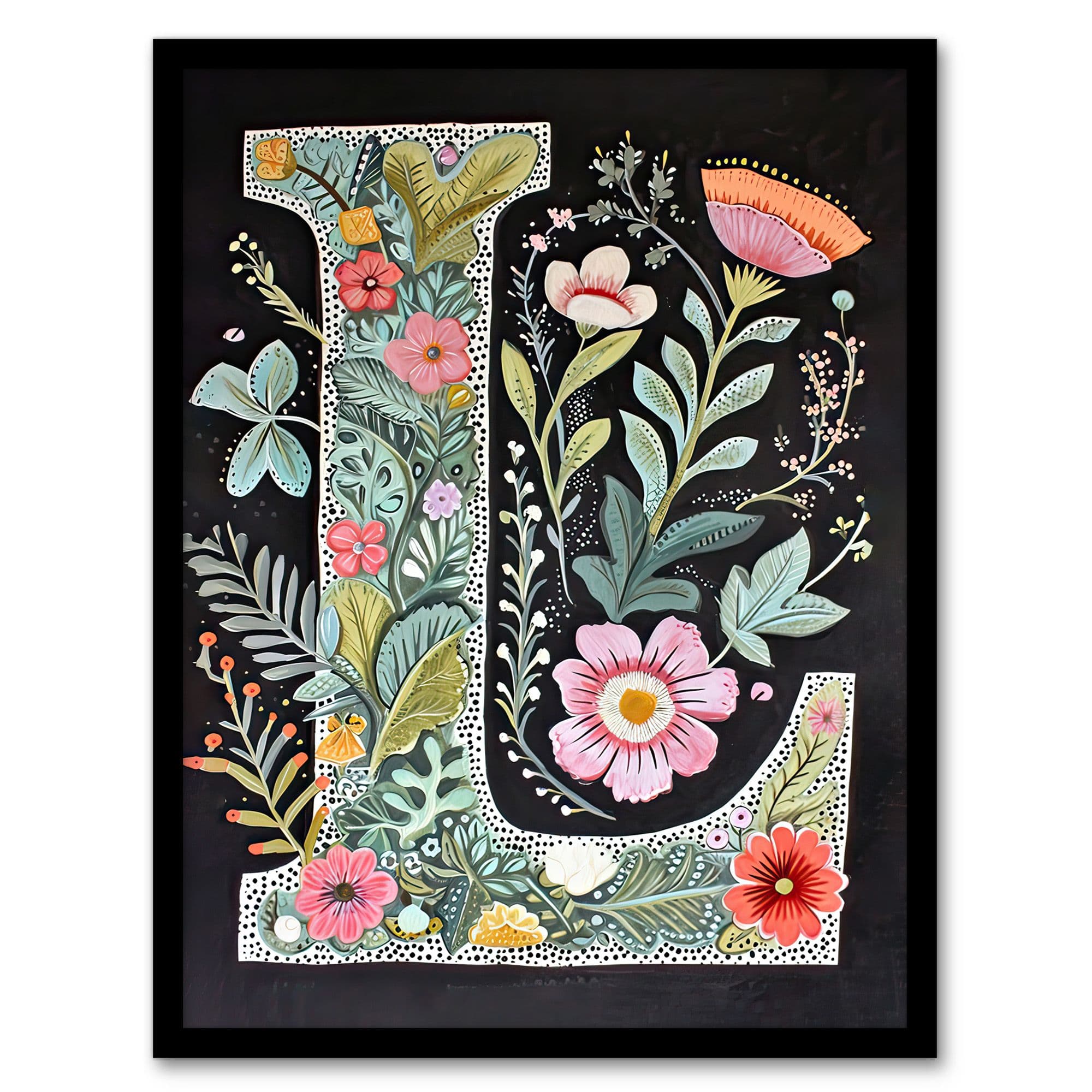 Wall Art Print Letter L Watercolour Wildflowers Colourful Nature Floral Word Art Framed W12" x H16"