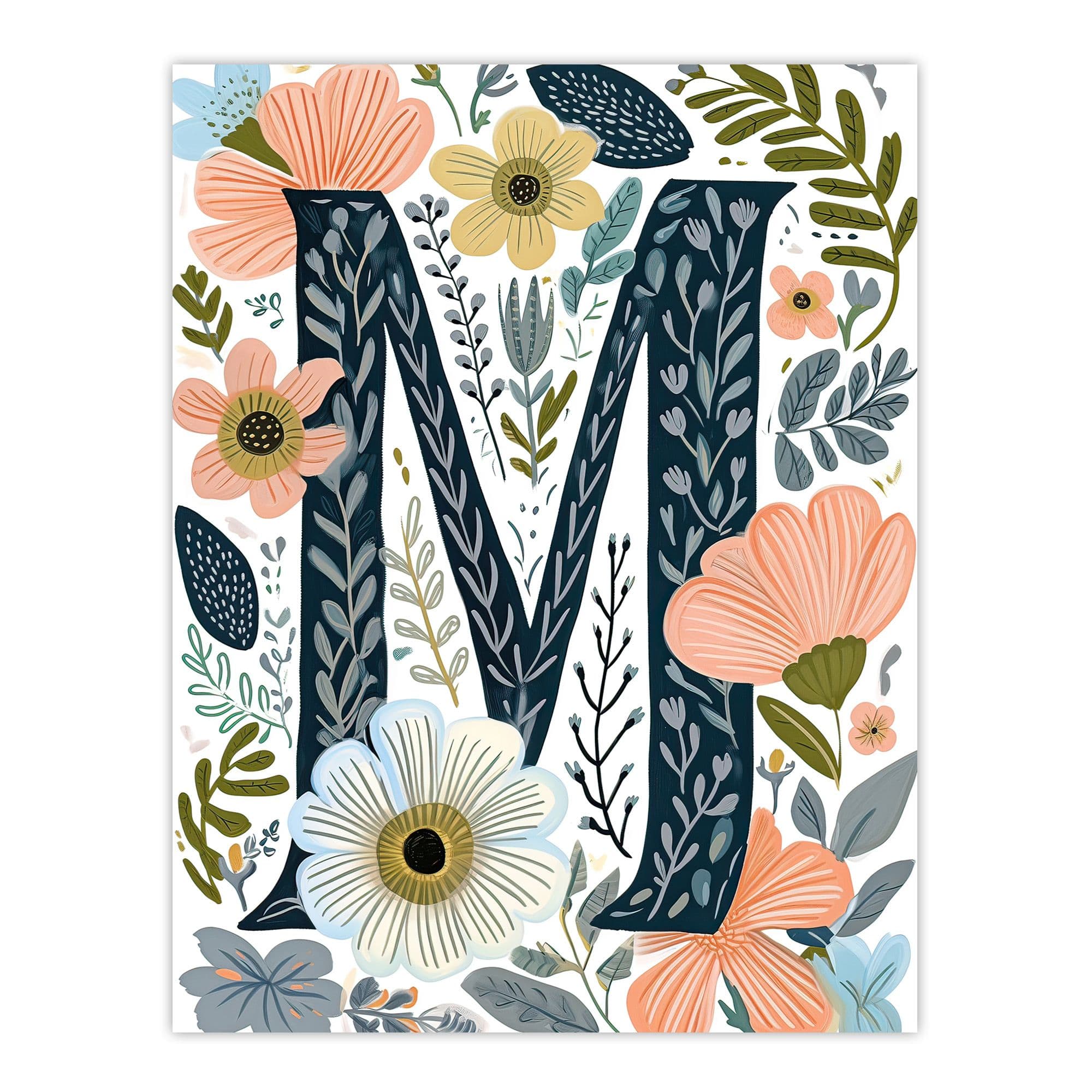 Wall Art Print Letter M Abstract Watercolour Flowers Cute Floral Word Art Her Poster W12" x H16"