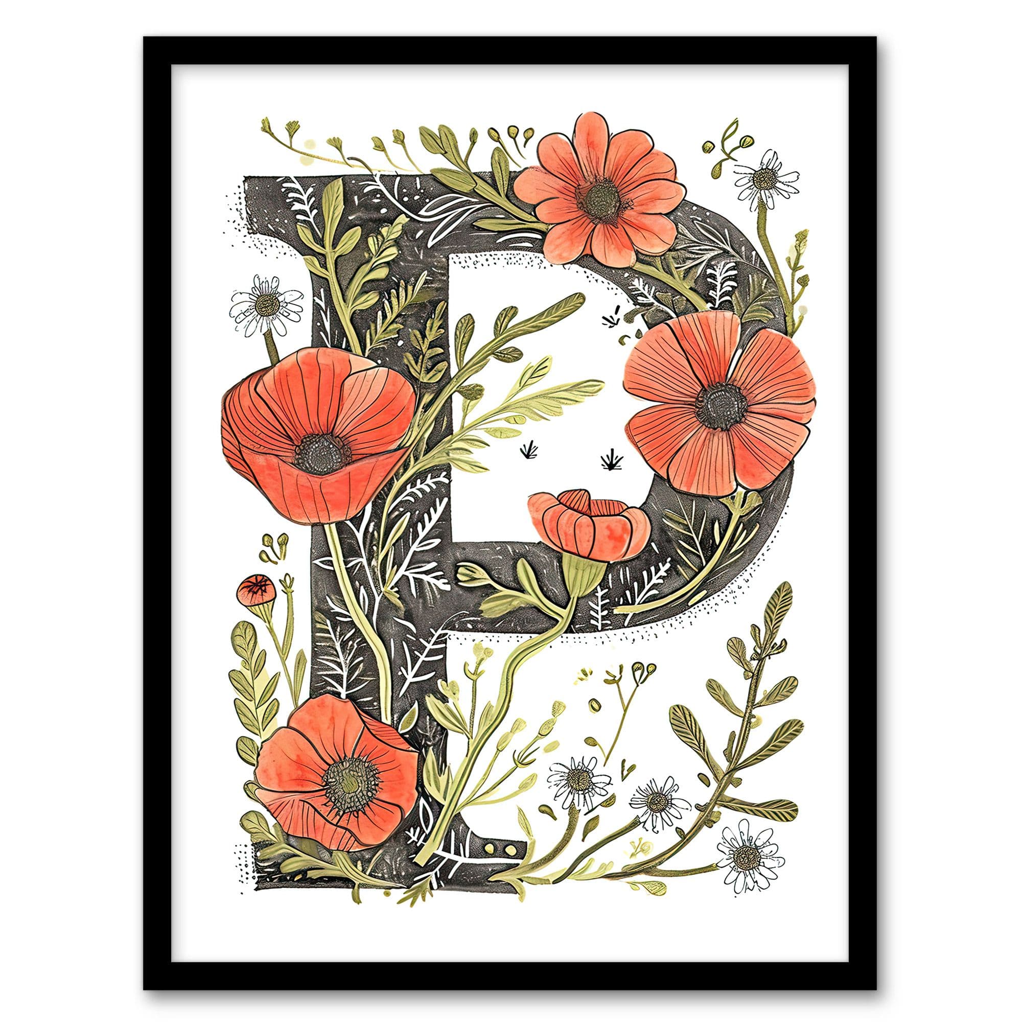 Wall Art Print Letter P Poppy Bouquet Bloom Watercolour Rustic Floral Word Art Framed Poster W12" x H16"