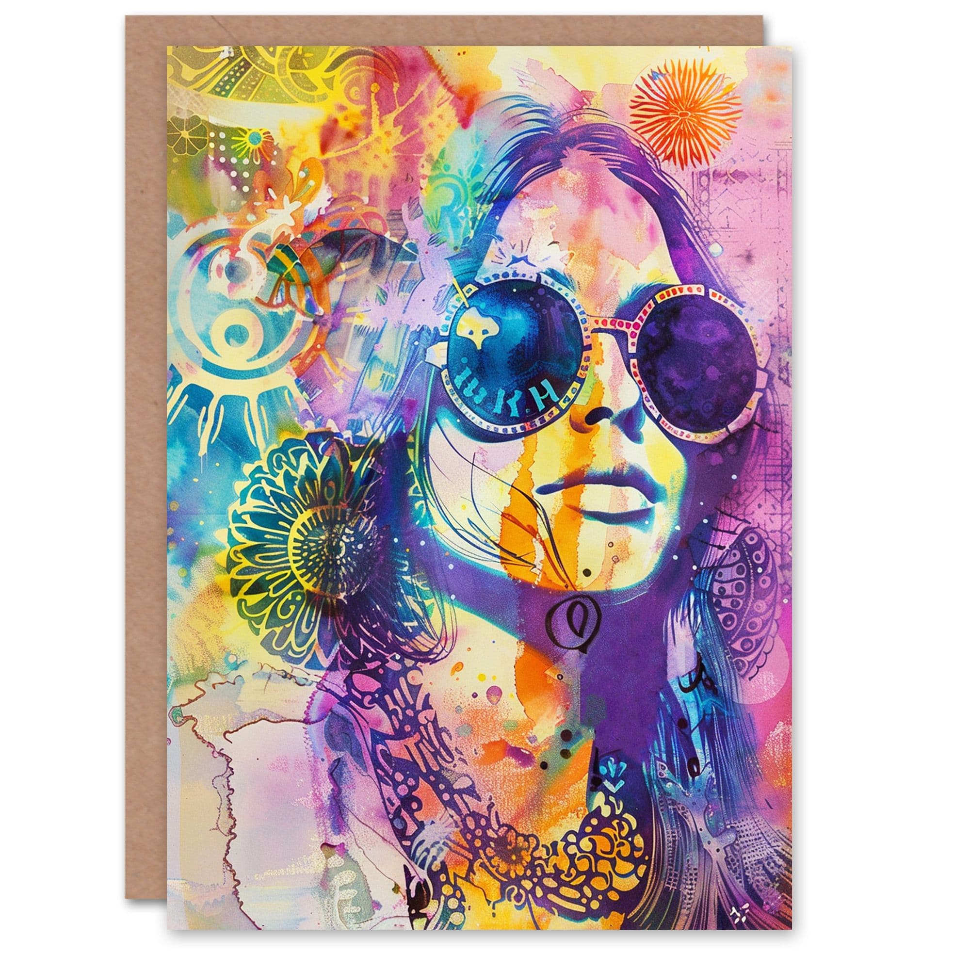 Hippie Female Trippy Boho Watercolour Portrait Birthday Card