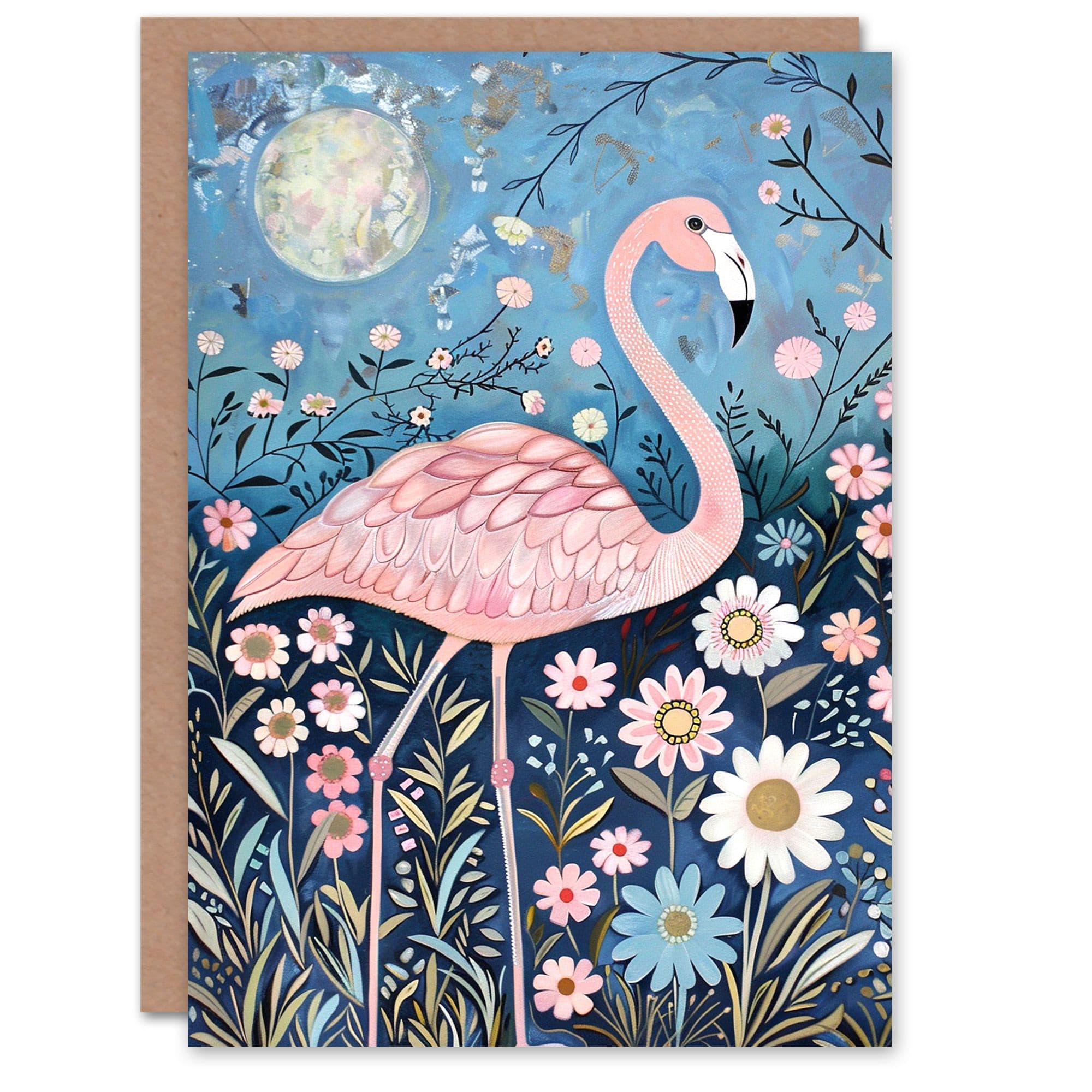 Flamingo Bird Full Moon Night Flowers Folk Art Birthday Card