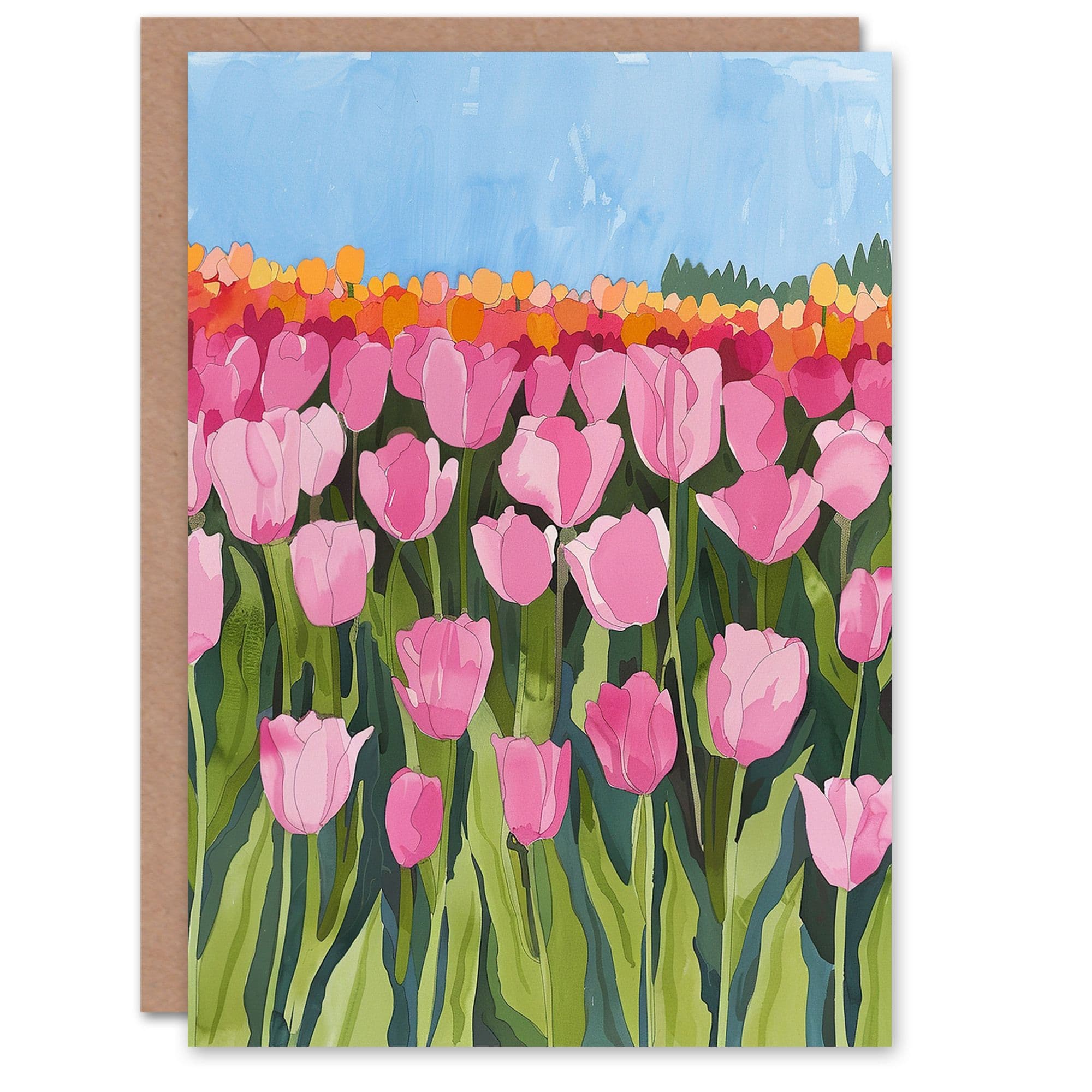 Netherlands Tulip Fields Colourful Watercolour Birthday Card