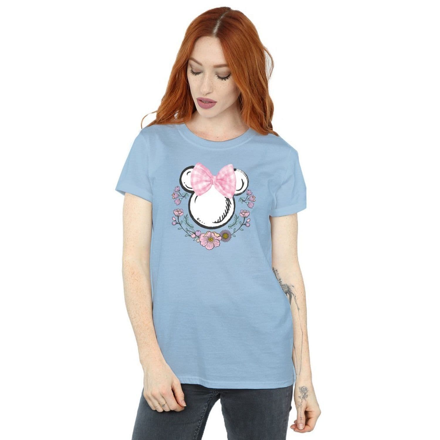 Minnie Mouse Flowers Cotton Bow Boyfriend T Shirt Blue