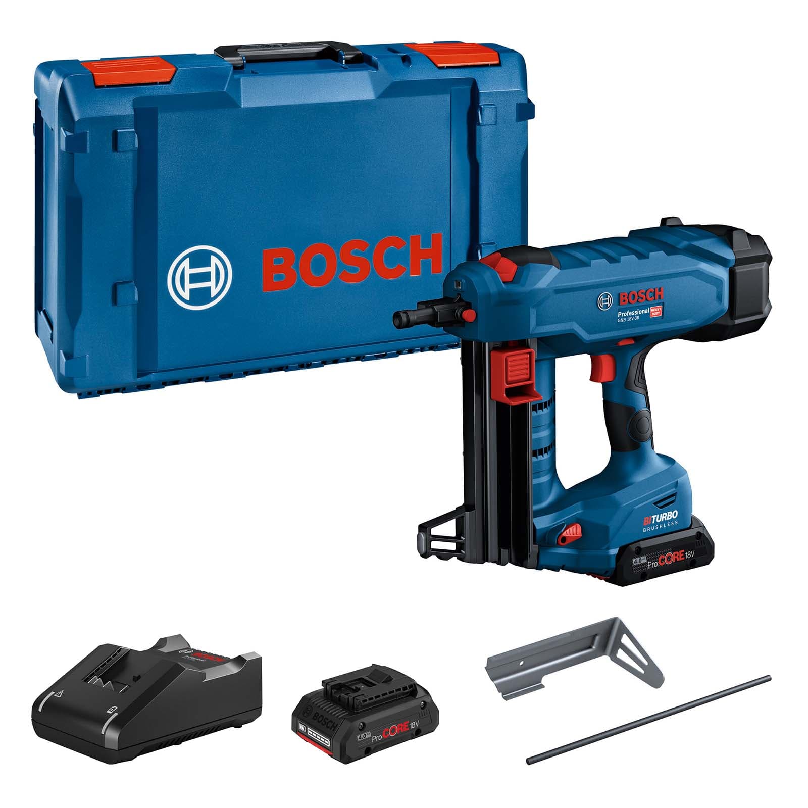 GNB 18V 38 BITURBO 18v Cordless Brushless Concrete Nail Gun 2 x 4ah Li ion ProCore Battery Charger Case