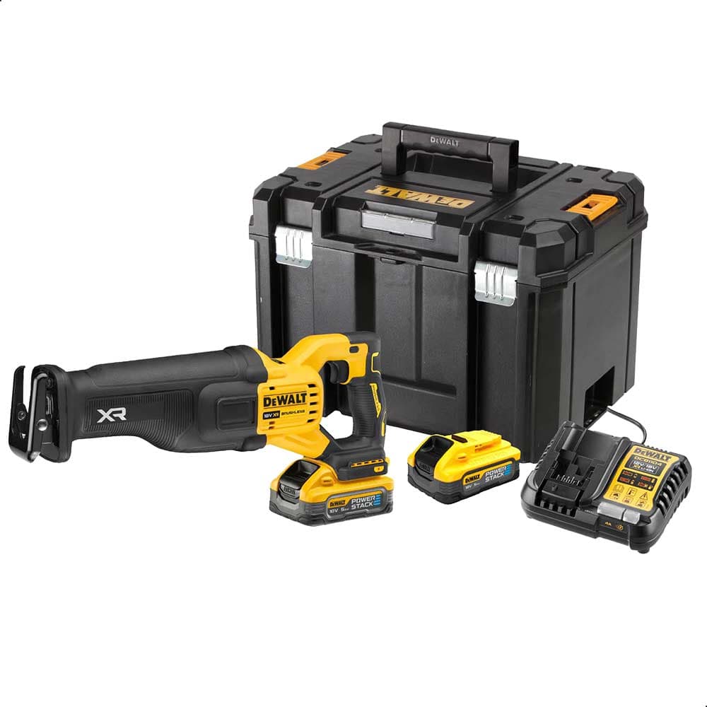 DeWalt DCS386 18v XR Cordless Brushless FLEXVOLT High Power Reciprocating Saw 2 x 5ah Li-ion Powerstack Battery Charger Case