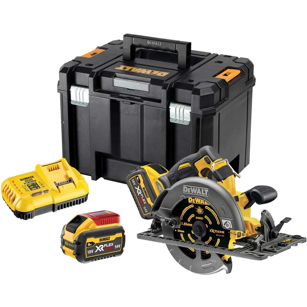 DeWalt DCS579 54v XR Cordless Brushless FLEXVOLT High Power Rail Compatible Circular Saw 190mm 2 x 9ah Li-ion Battery Charger Case