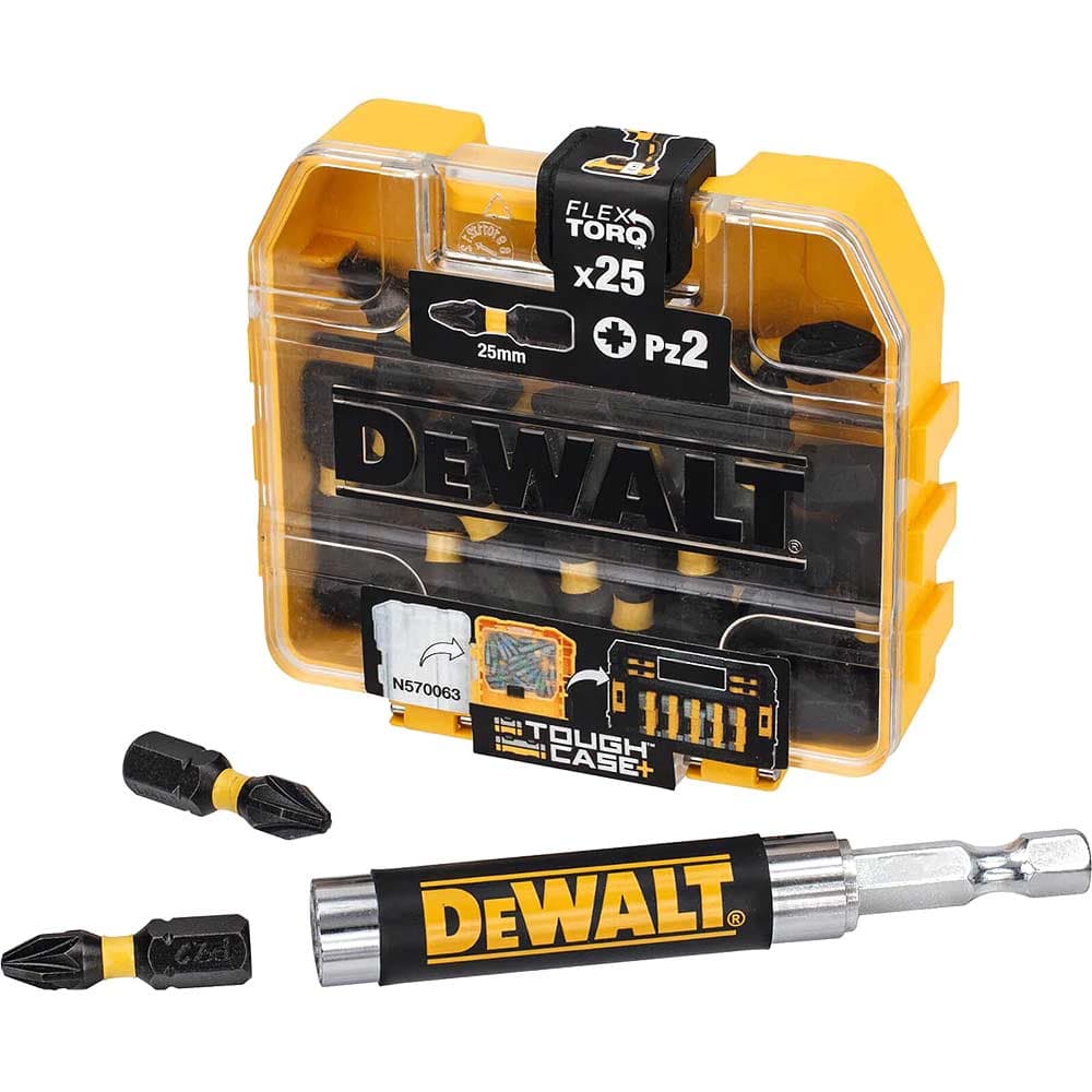 DeWalt Extreme Flextorq Pozi Screwdriver Bits and Magnetic Drive Guide PZ2 25mm Pack of 25