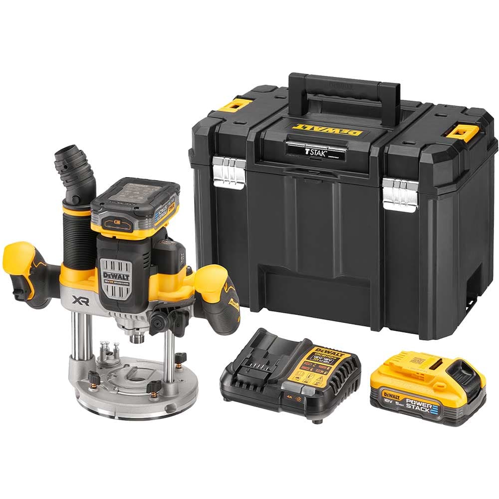 DeWalt DCW620 18v XR Cordless Brushless Plunge Router 1/2" 2 x 5ah Li-ion Powerstack Battery Charger Case